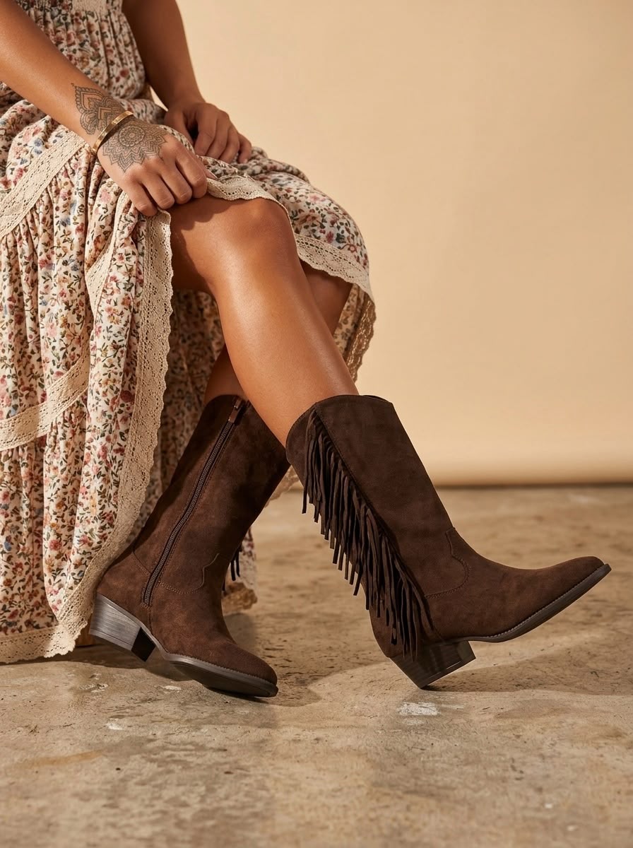 Bottes santiag  ethnique avec franges Chocolat Elisa